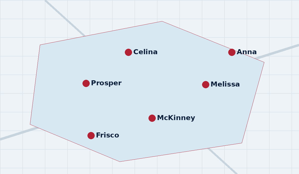 Illustrated service area showing Melissa, Anna, McKinney, Prosper, Celina and Frisco